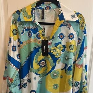 Venti6 Retro Floral Satin Button-Up Blouse - Blue, Yellow, Teal